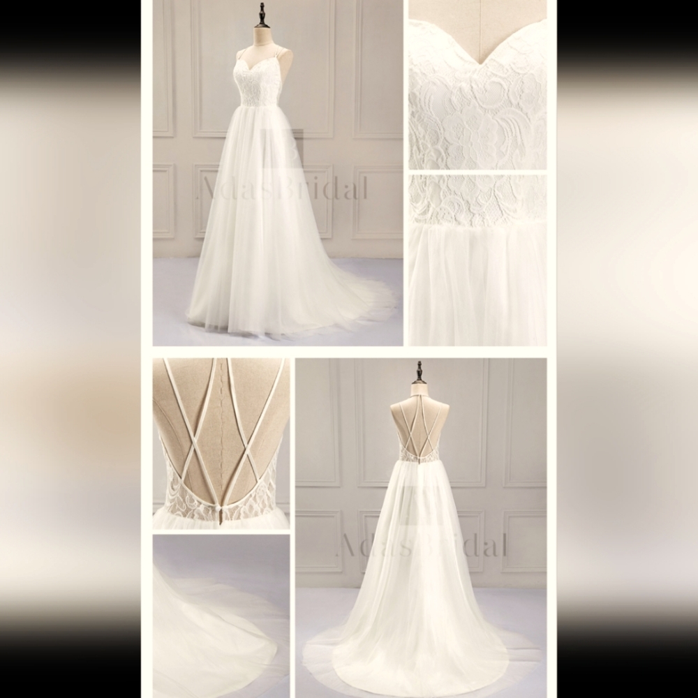 Ada's bridal: A-line lace bodice strappy low back wedding dress,size 8, offwhite